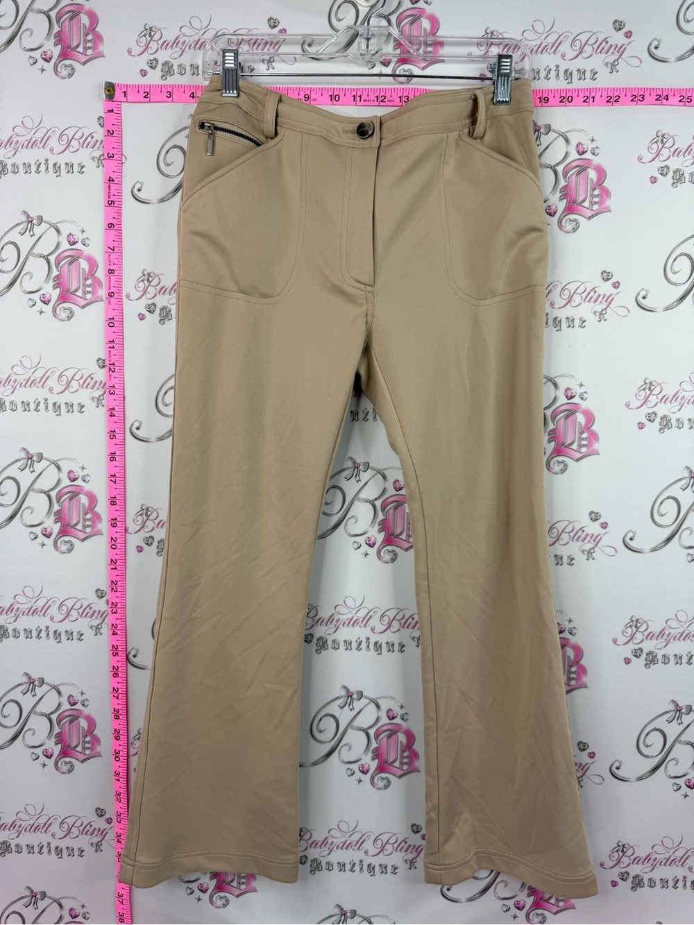 Birdy & grace pants crop Stretch Flare Pants in Tan with Front Zip Pocket
